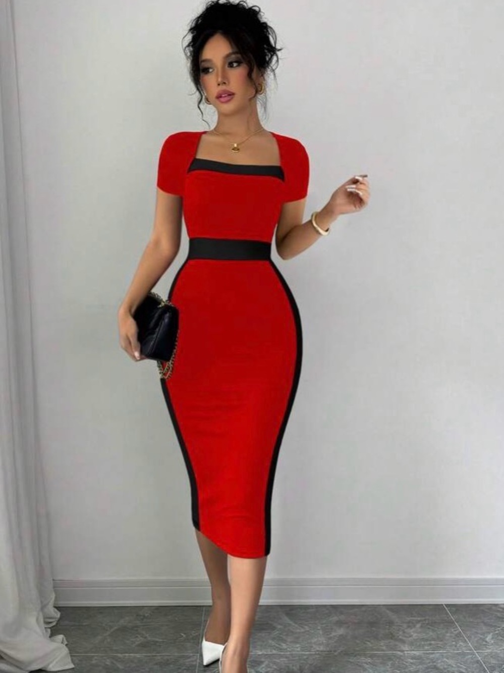 Red Contrast-Trim Bodycon Dress